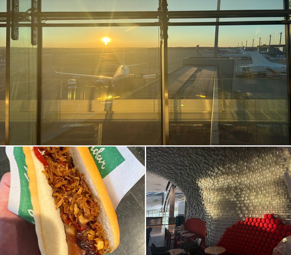 Ráno na Gardemoen - východ slunce, párek, architektura ze zavařovaček