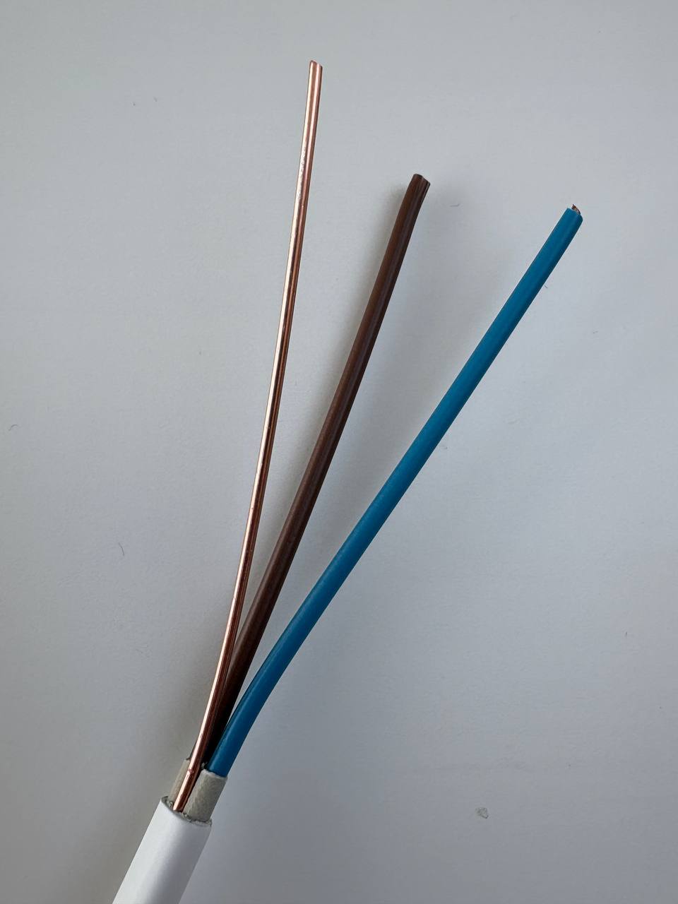 Detail svléknutého kabelu PFXP - hnědý, modrý a holý měděný vodič