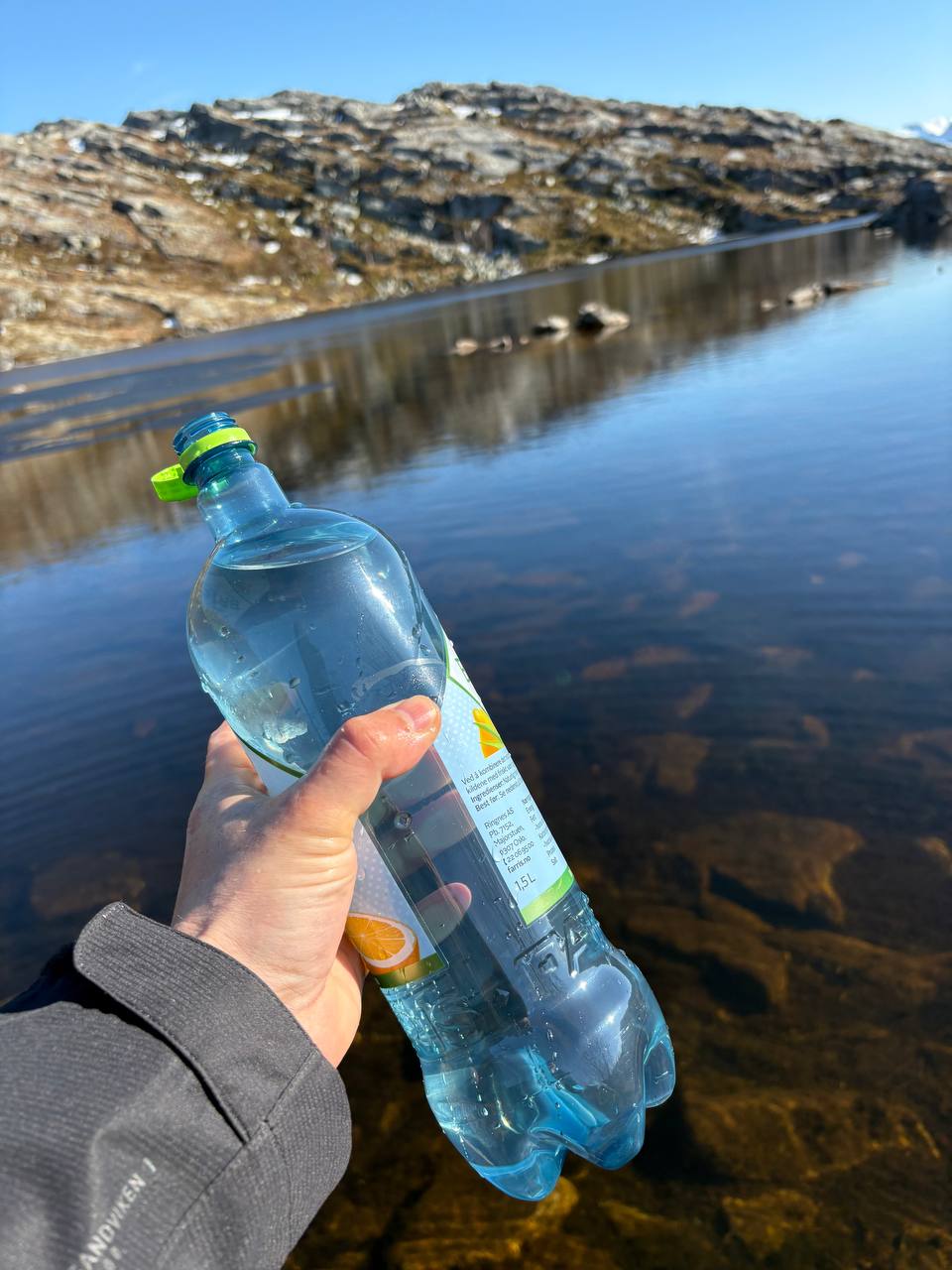 Horské jezero s průzračně modrou vodou, odraz hor a holých bříz v hladině